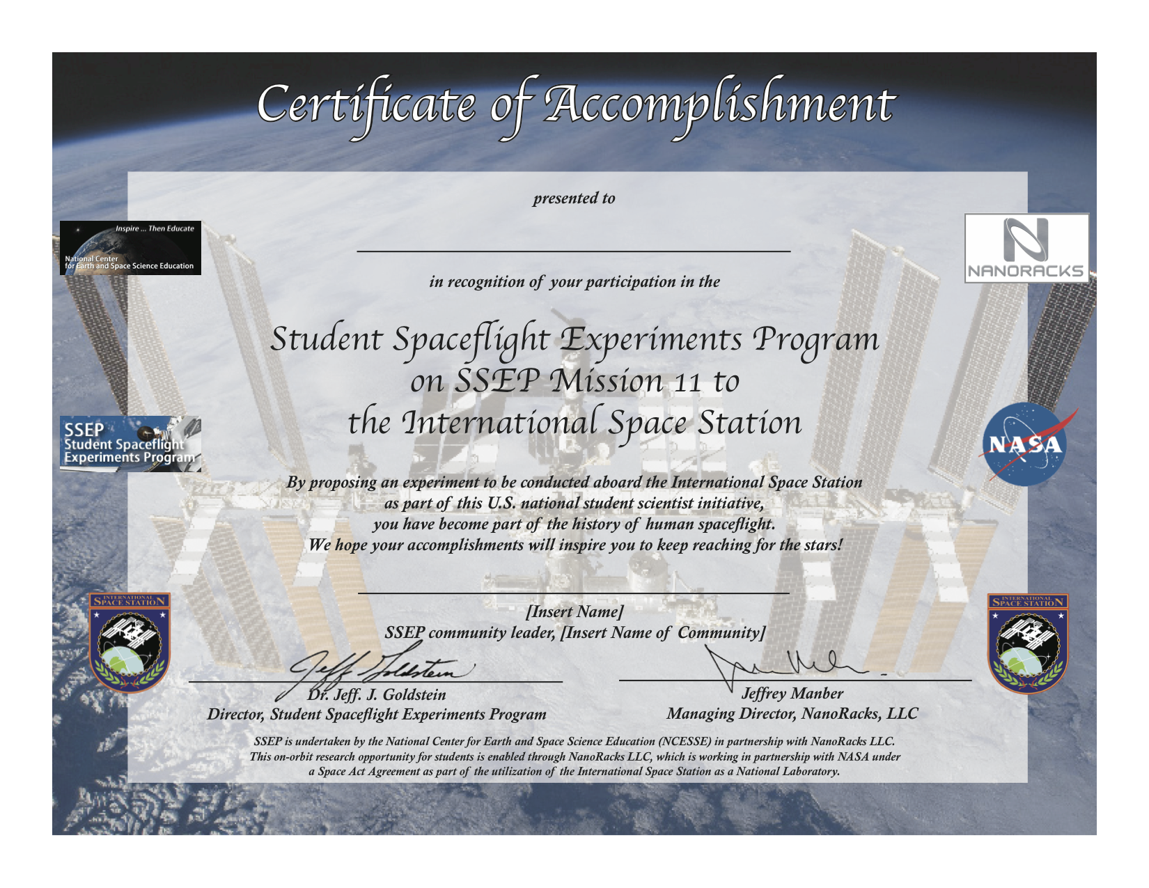 ssep mission 11 to iss student certificates of accomplishment ssep
